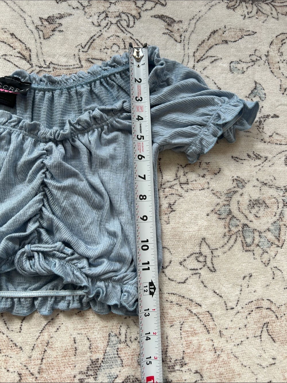 Discreet - Dusty Blue Ruched Ruffle Off The Shoulder Crop Top - Picture 9 of 10